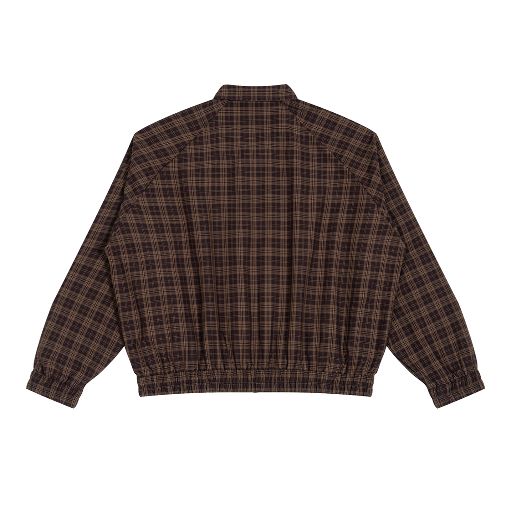 MIROLYUB Grid Plaid Zip Track Jacket in Red Plaid, back view.