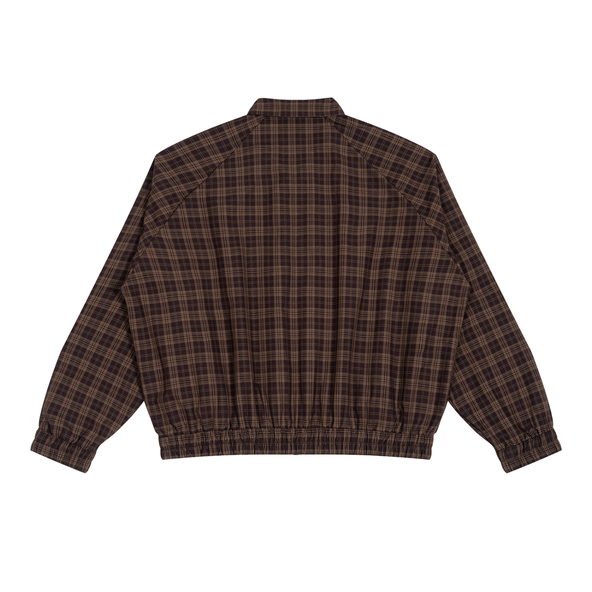 MIROLYUB Grid Plaid Zip Track Jacket in Red Plaid, back view.