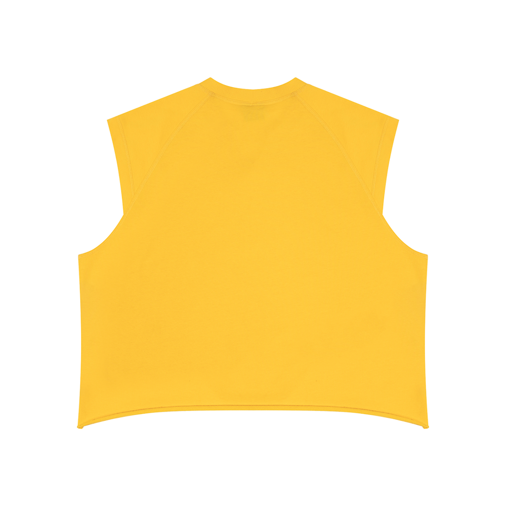 MIROLYUB Ravel raw-hem boxy tank in Yellow, back view.