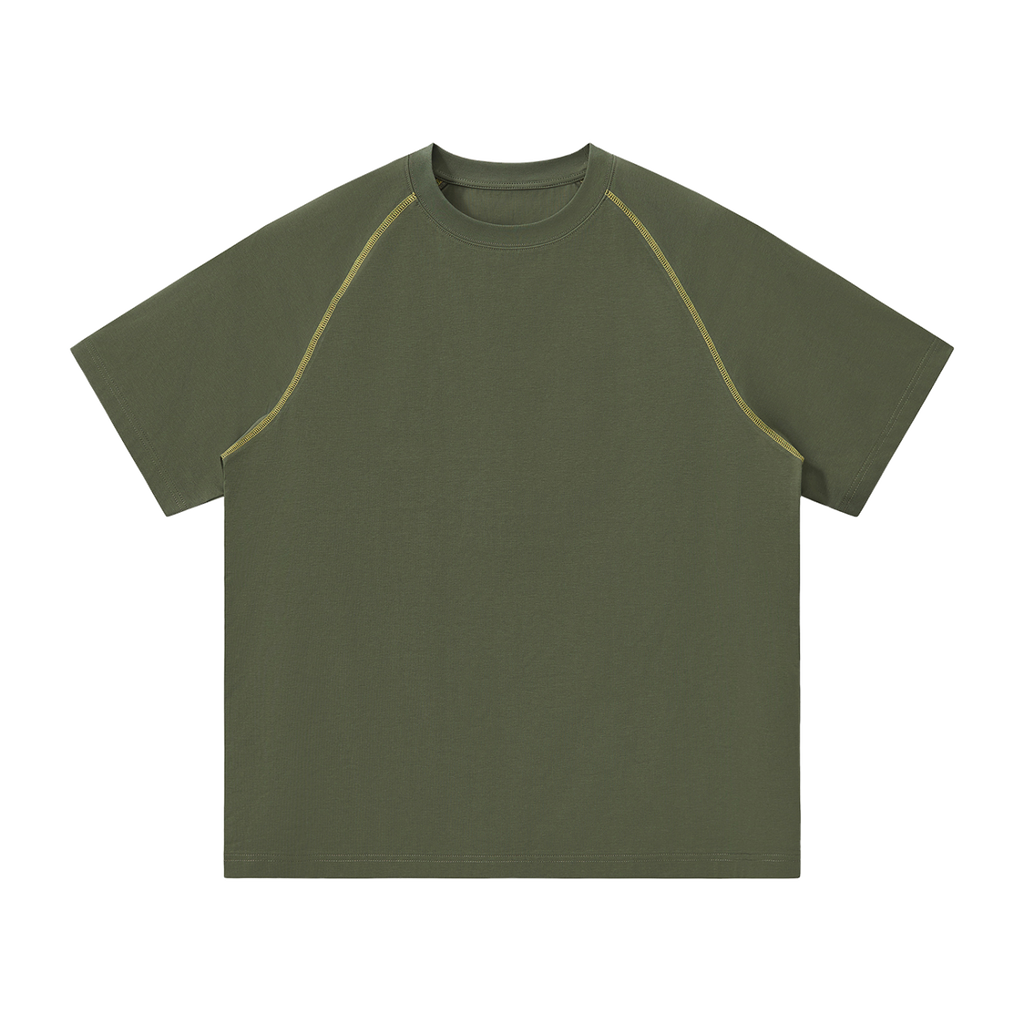 MIROLYUB Offbeat Contrast-Stitch Raglan Tee in Army Green, front view.