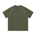 MIROLYUB Offbeat Contrast-Stitch Raglan Tee in Army Green, front view.