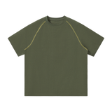 MIROLYUB Offbeat Contrast-Stitch Raglan Tee in Army Green, front view.