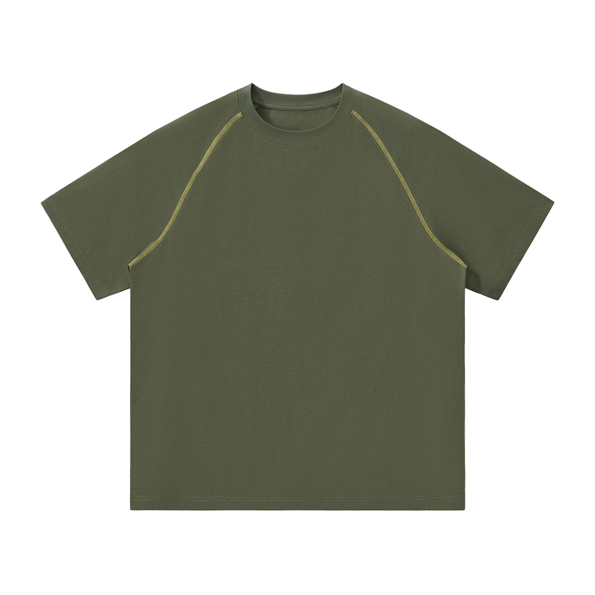MIROLYUB Offbeat Contrast-Stitch Raglan Tee in Army Green, front view.