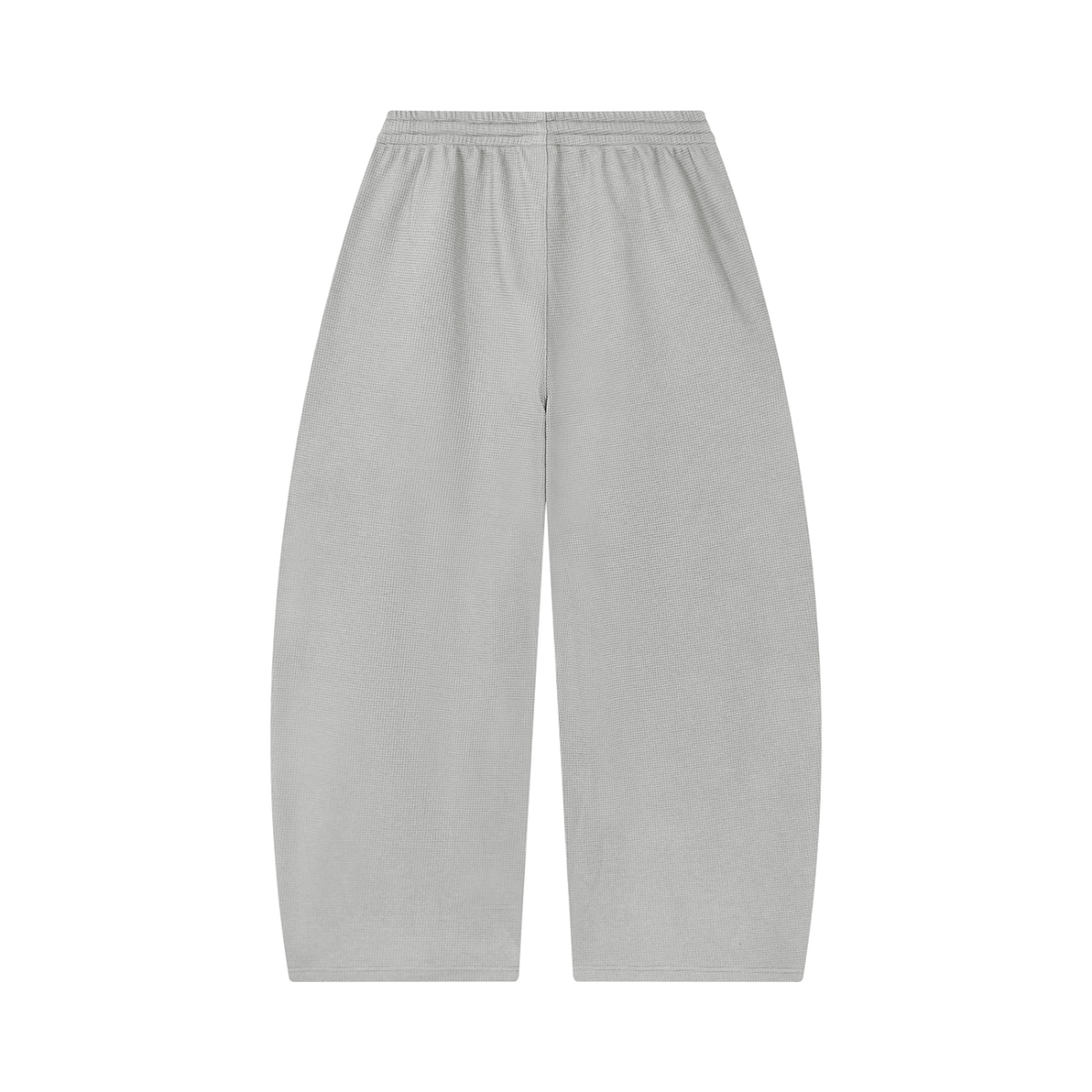 MIROLYUB Tessera waffle barrel pants in Light Gray, back view.