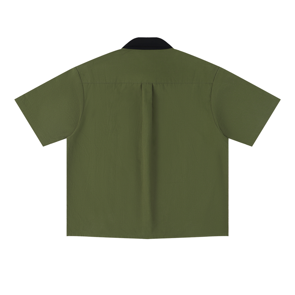 Crossfade cotton short-sleeve contrast-collar shirt in Army Green, back view