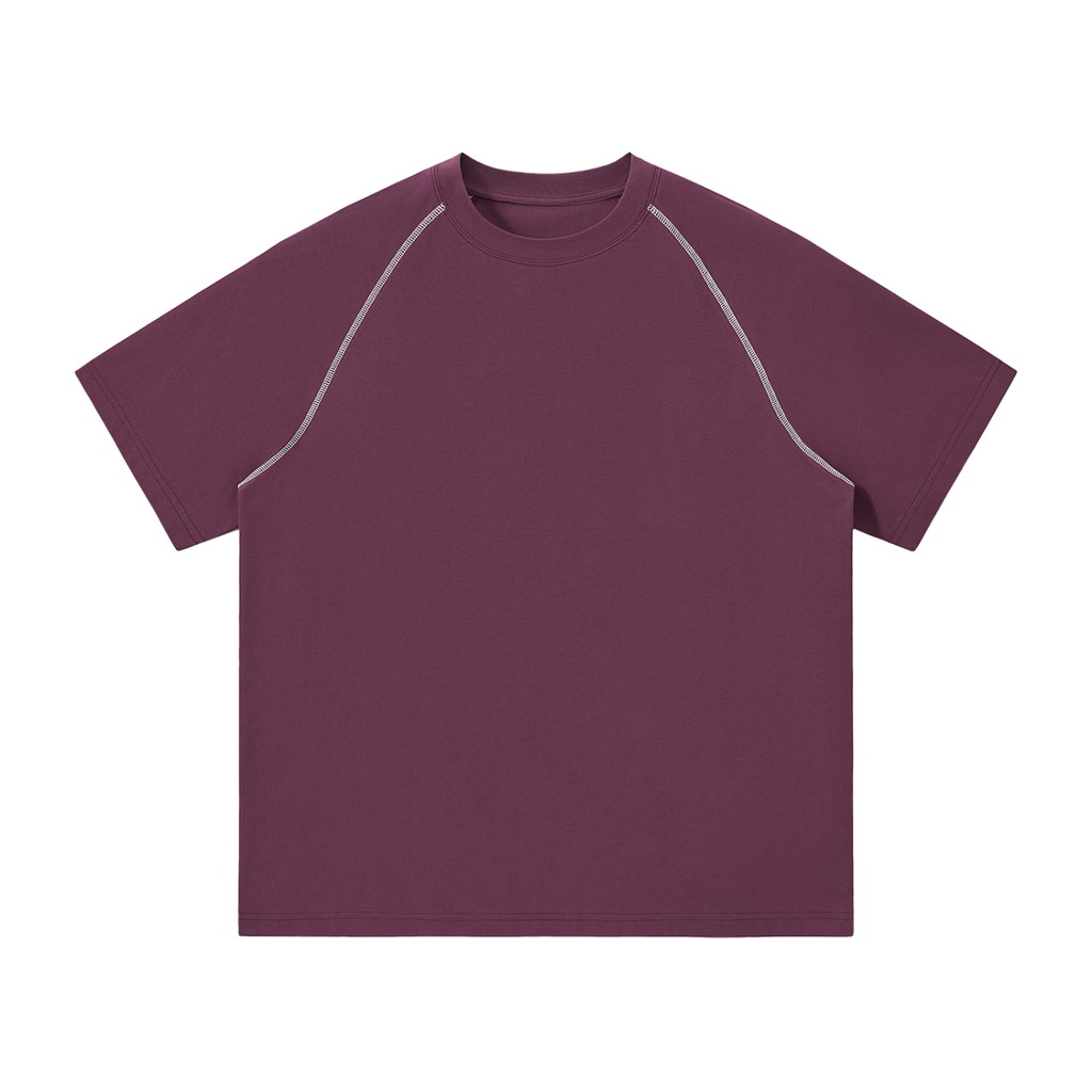 MIROLYUB Offbeat Contrast-Stitch Raglan Tee in Plum Purple, front view.