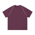 MIROLYUB Offbeat Contrast-Stitch Raglan Tee in Plum Purple, front view.