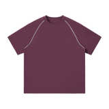 MIROLYUB Offbeat Contrast-Stitch Raglan Tee in Plum Purple, front view.