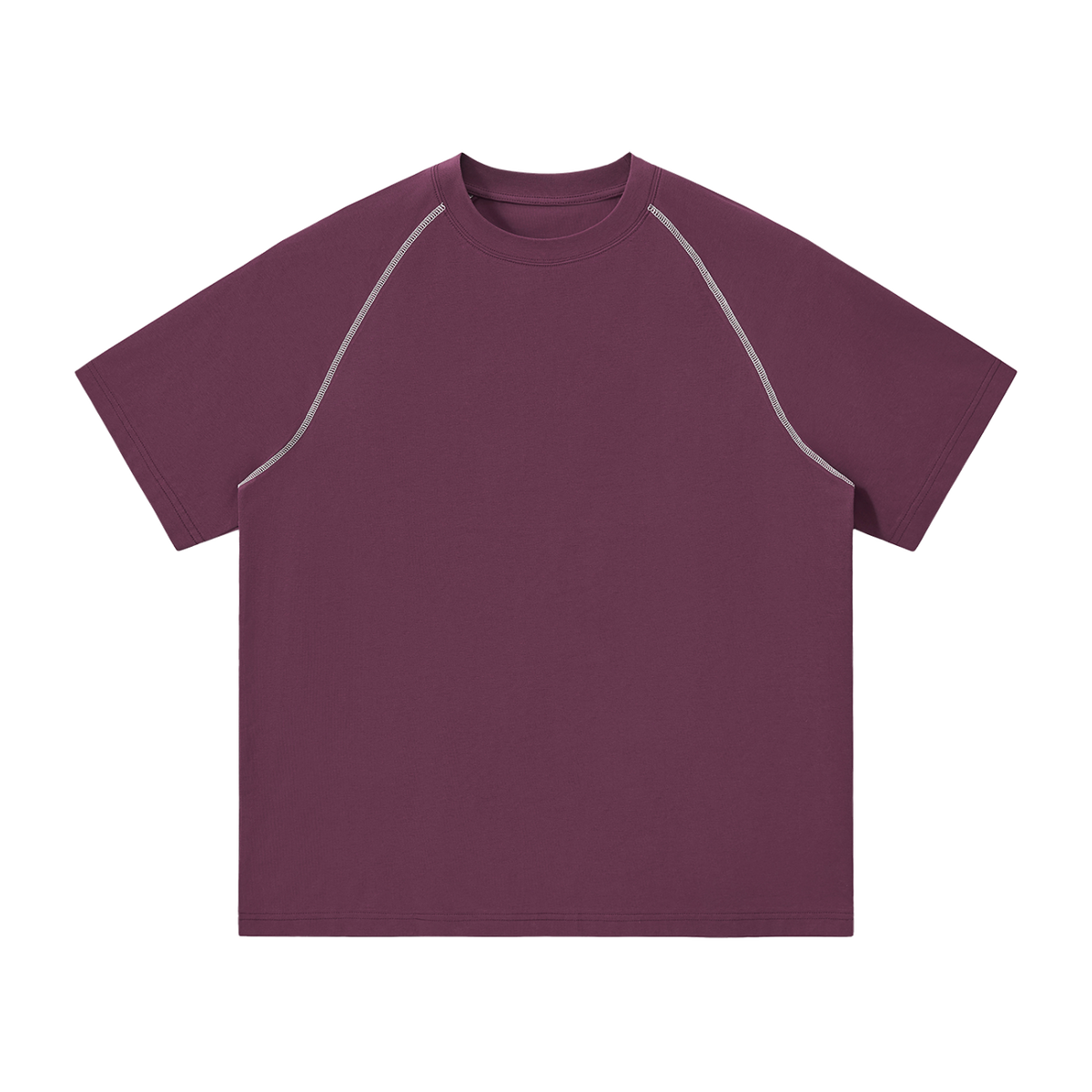 MIROLYUB Offbeat Contrast-Stitch Raglan Tee in Plum Purple, front view.
