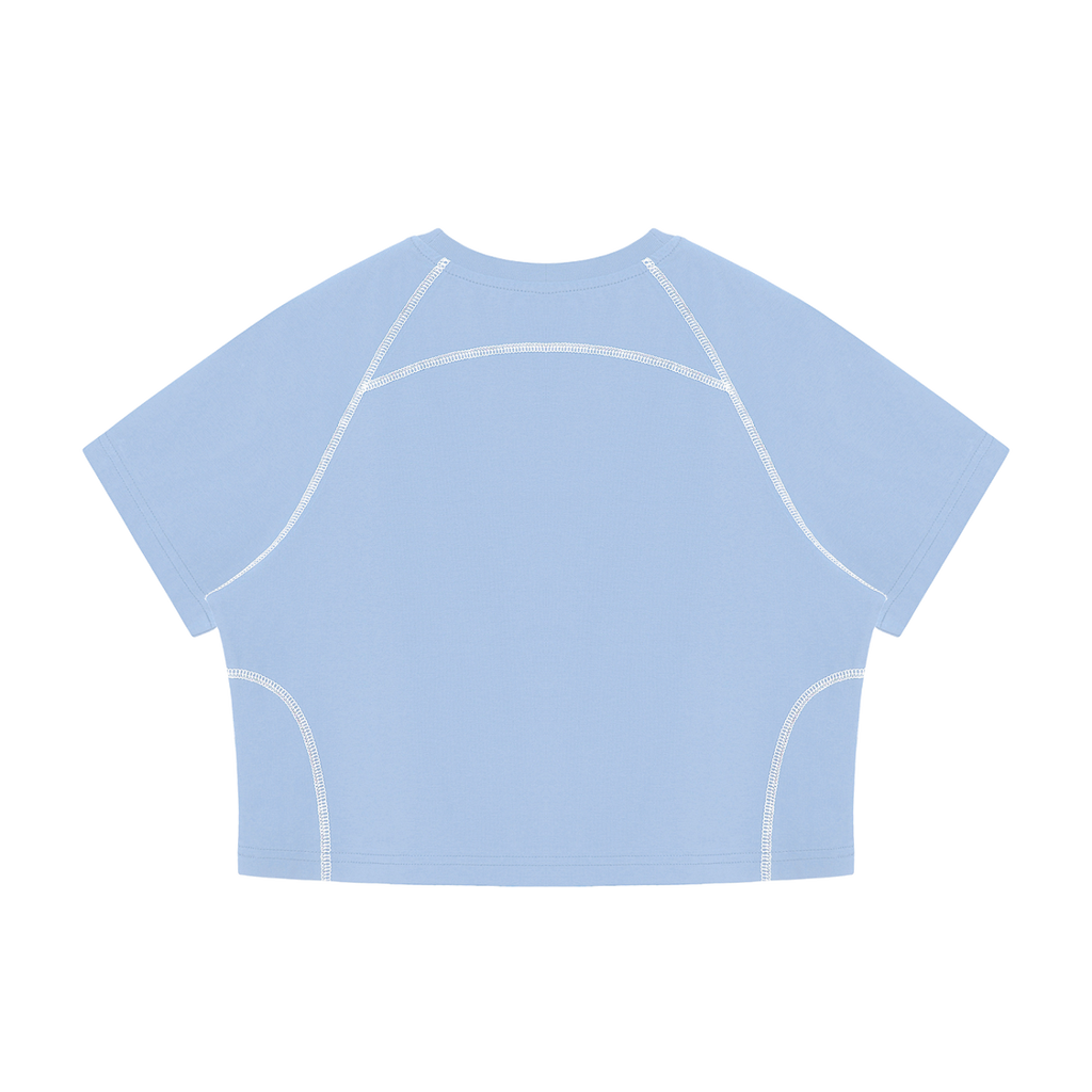MIROLYUB Women's Contrast Stitch Raglan Crop T-Shirt — Sky Blue — back view