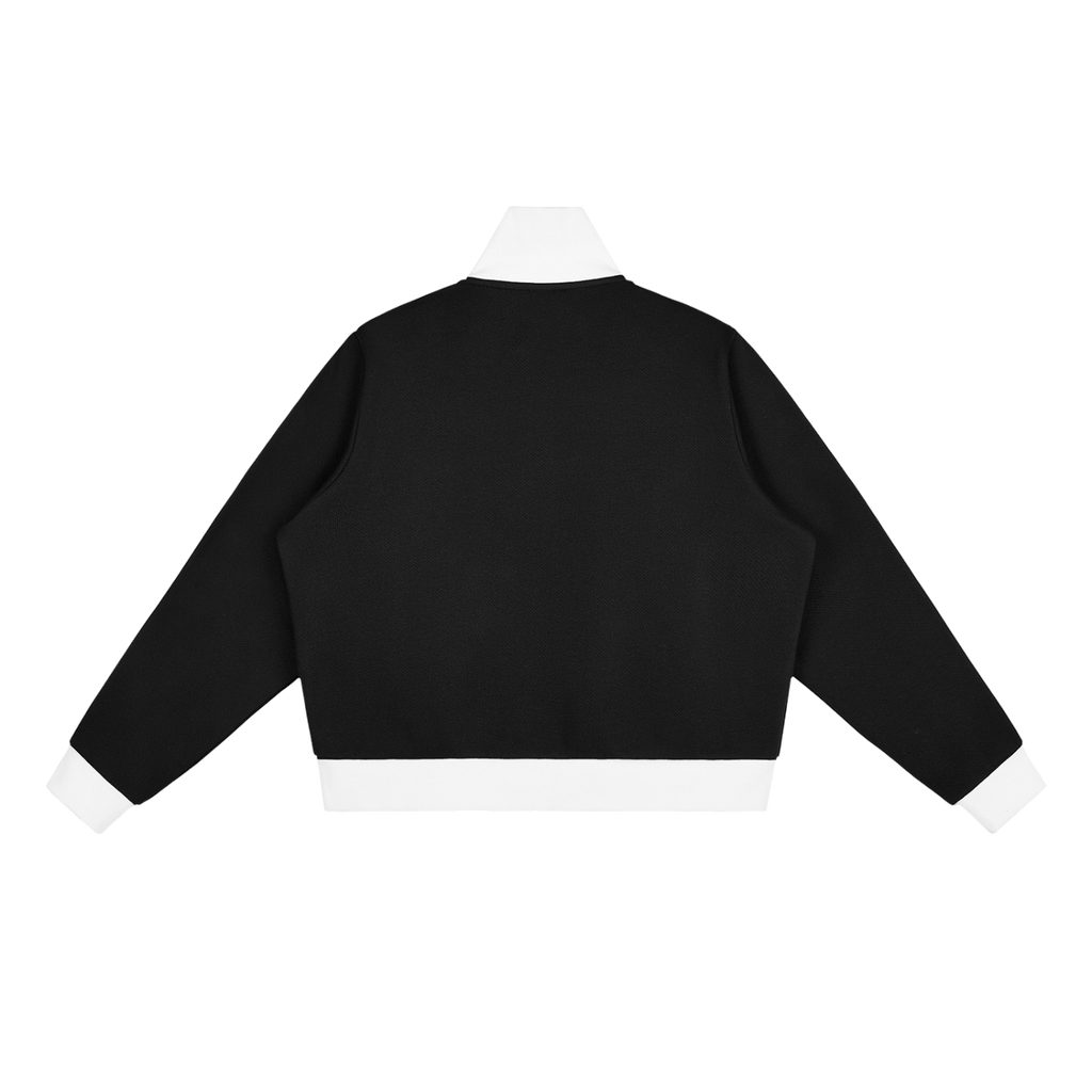 MIROLYUB Parallel cropped stripe track jacket in Black, back view.