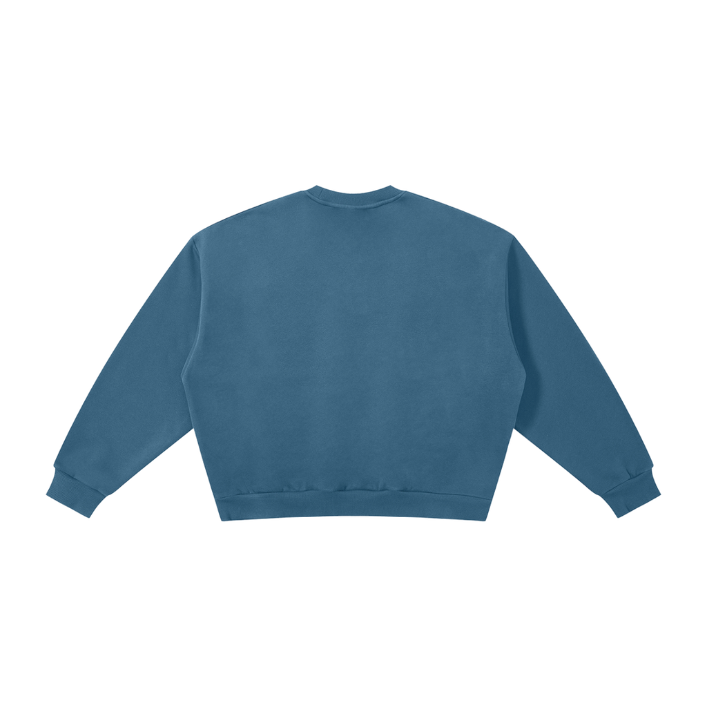 MIROLYUB Meridian boxy fleece crewneck in Haze Blue, back view.
