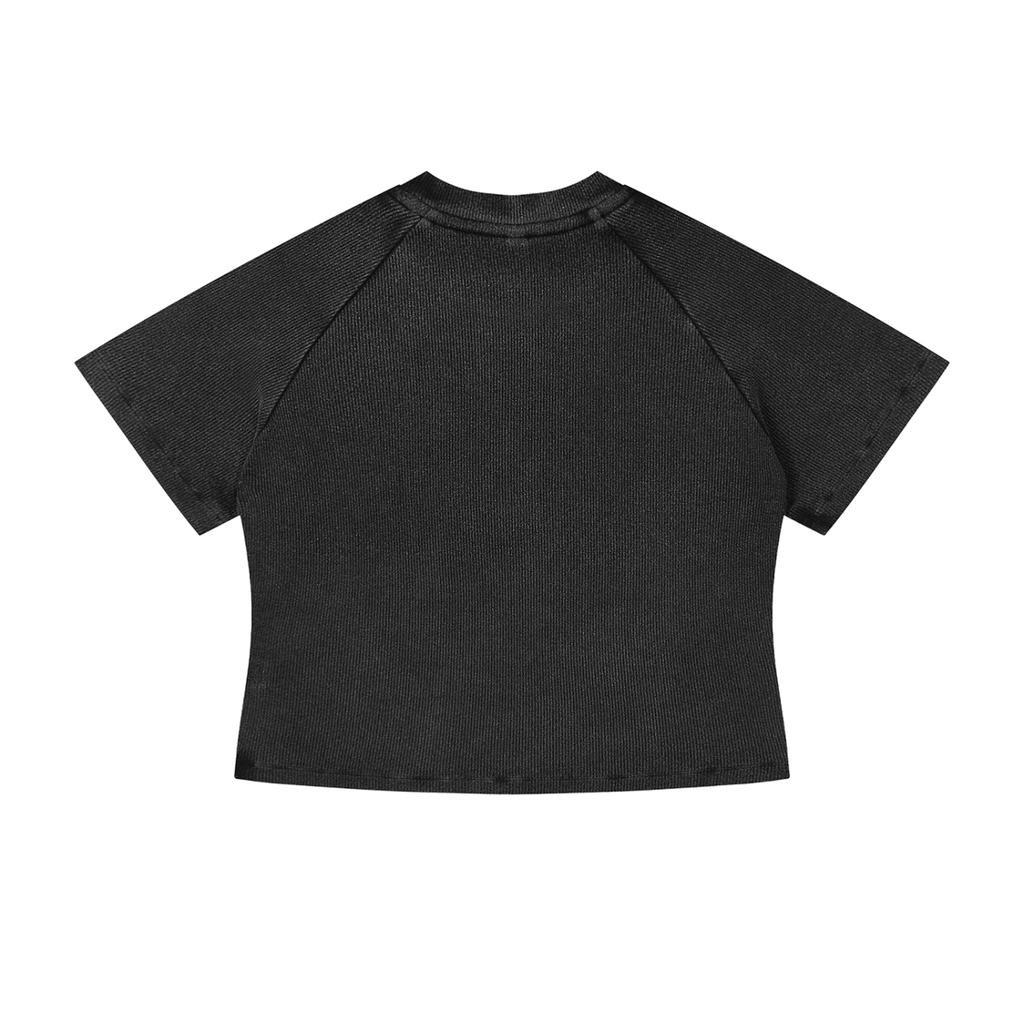 MIROLYUB Women's Mineral Wash Crop T-Shirt — Black, back view