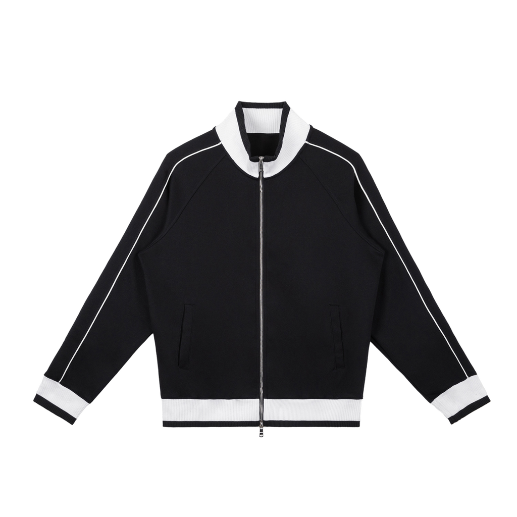 MIROLYUB Switchback raglan track jacket in Black, front view.