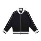 MIROLYUB Switchback raglan track jacket in Black, front view.