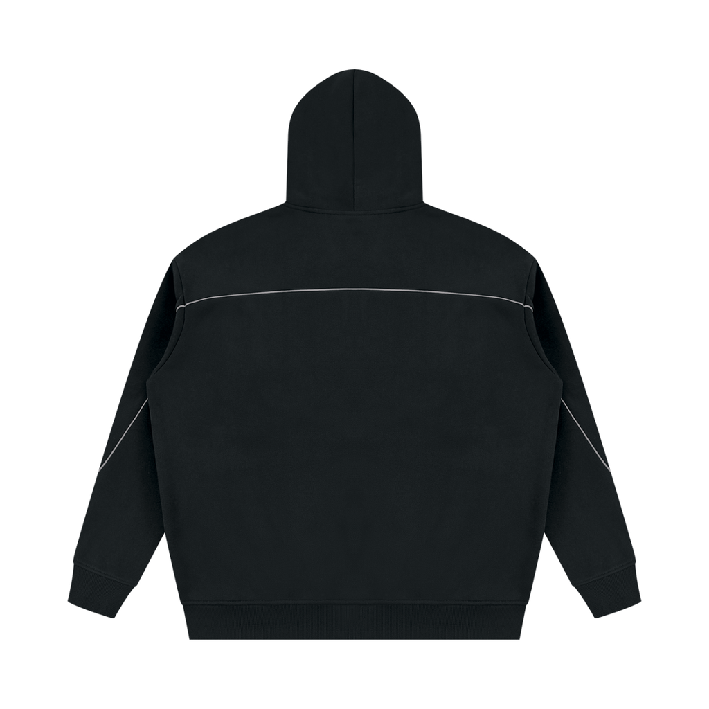 MIROLYUB Hush Oversized Piping Hoodie in Black, back view.