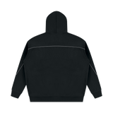 MIROLYUB Hush Oversized Piping Hoodie in Black, back view.