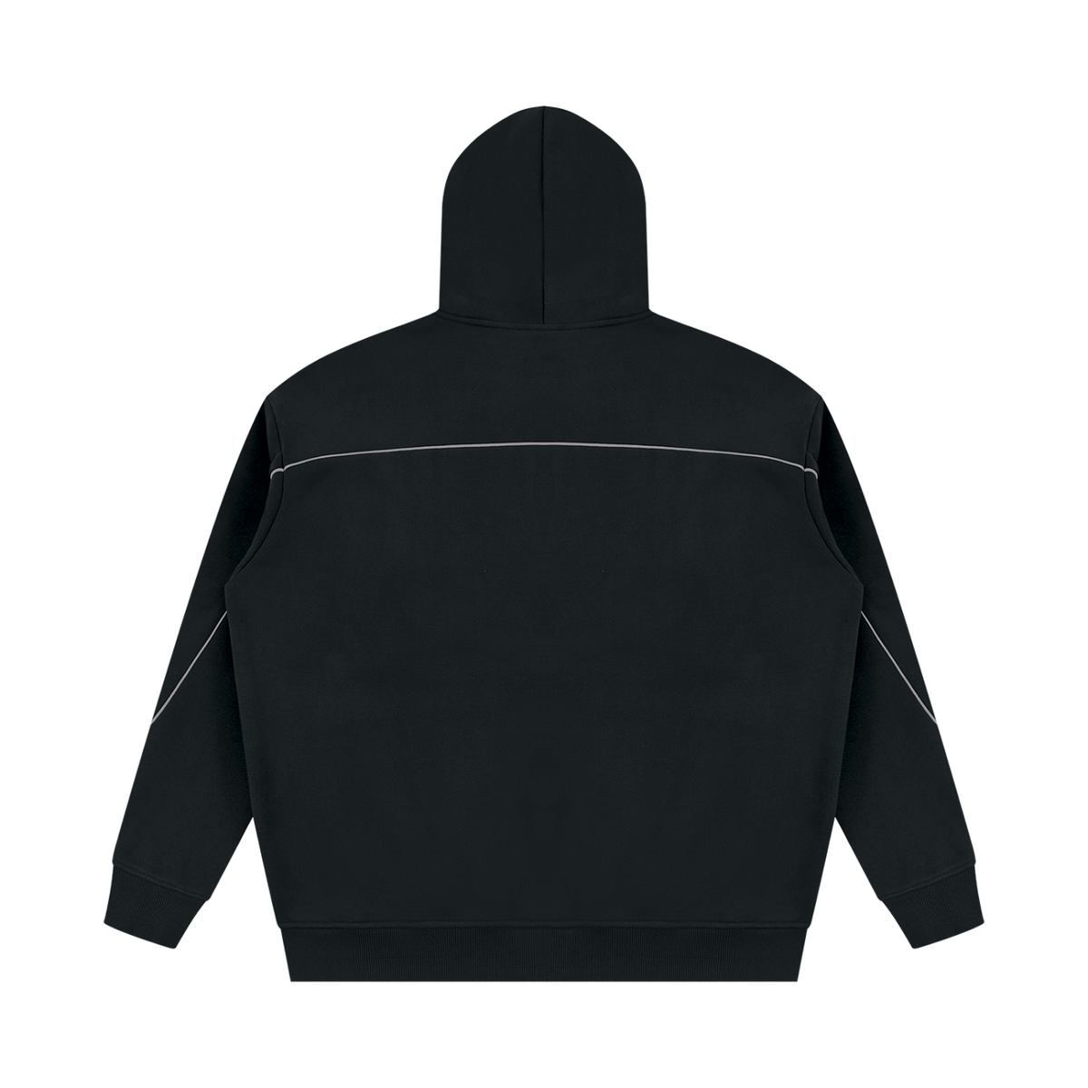 MIROLYUB Hush Oversized Piping Hoodie in Black, back view.