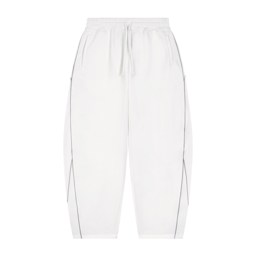 MIROLYUB Trace Piping Barrel Fleece Pants in White, front view.