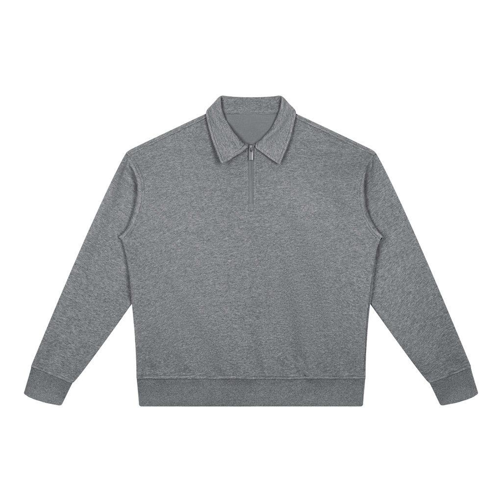 MIROLYUB Aperture boxy quarter-zip sweatshirt in Flower Gray, front view.