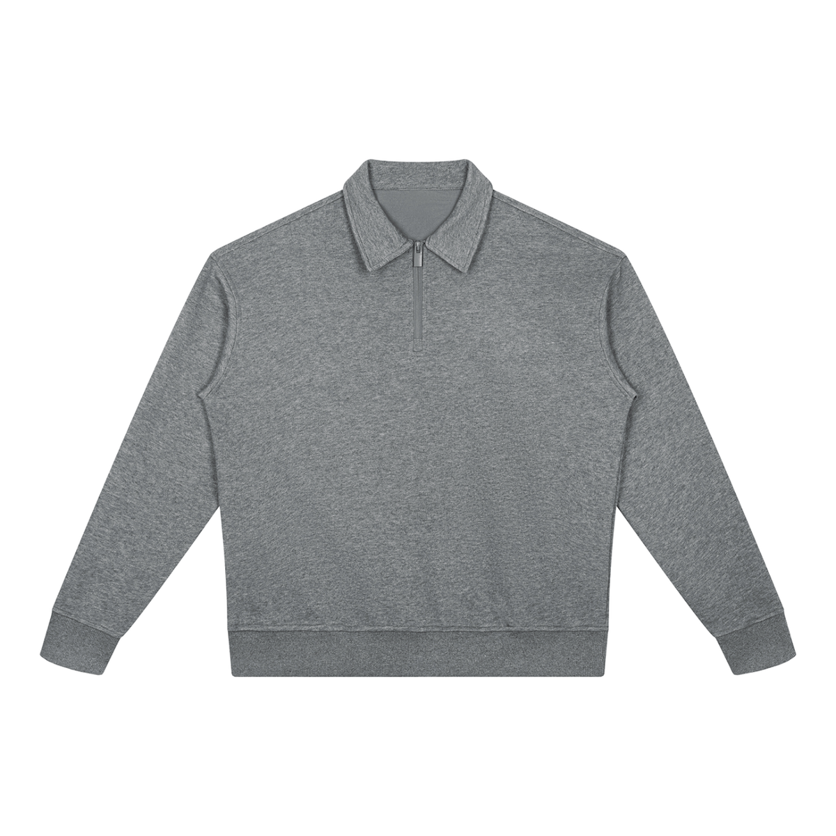 MIROLYUB Aperture boxy quarter-zip sweatshirt in Flower Gray, front view.