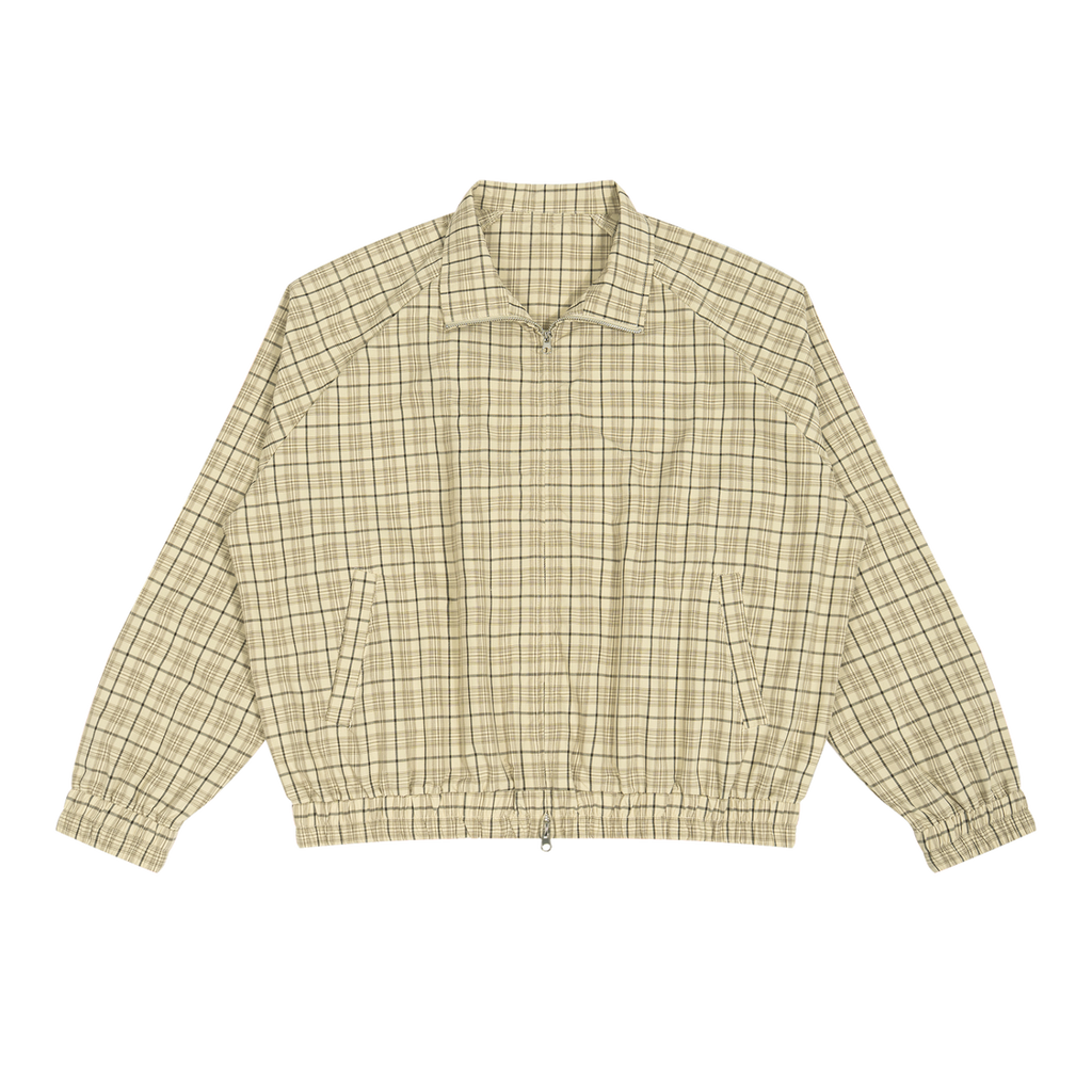 MIROLYUB Grid Plaid Zip Track Jacket in Apricot Plaid, front view.