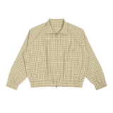 MIROLYUB Grid Plaid Zip Track Jacket in Apricot Plaid, front view.