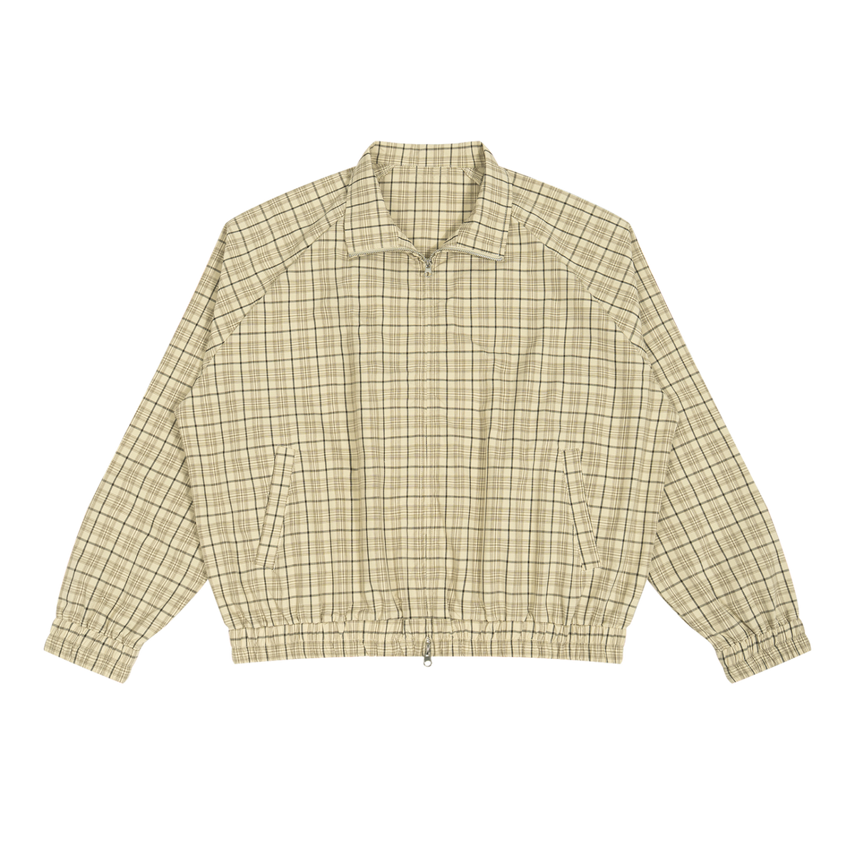 MIROLYUB Grid Plaid Zip Track Jacket in Apricot Plaid, front view.