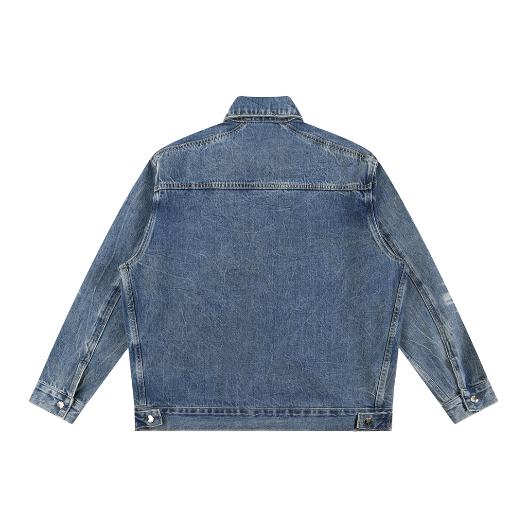 MIROLYUB Patina Zip Denim Jacket in Blue, back view.