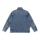 MIROLYUB Patina Zip Denim Jacket in Blue, back view.