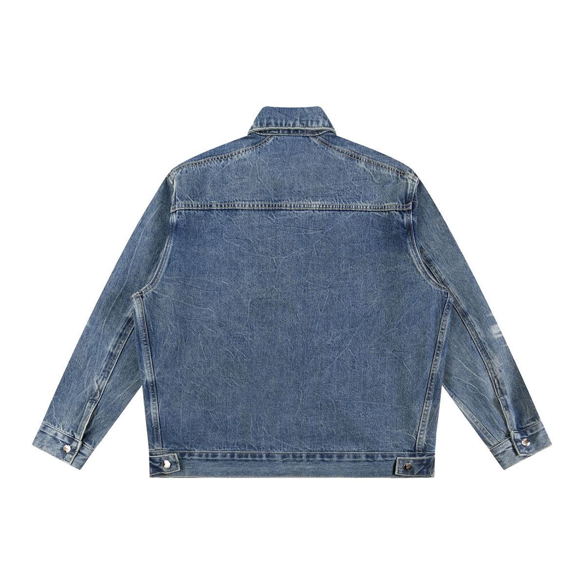 MIROLYUB Patina Zip Denim Jacket in Blue, back view.