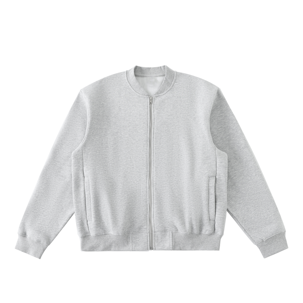 MIROLYUB Nocturne fleece zip varsity jacket in Flower Gray, front view.