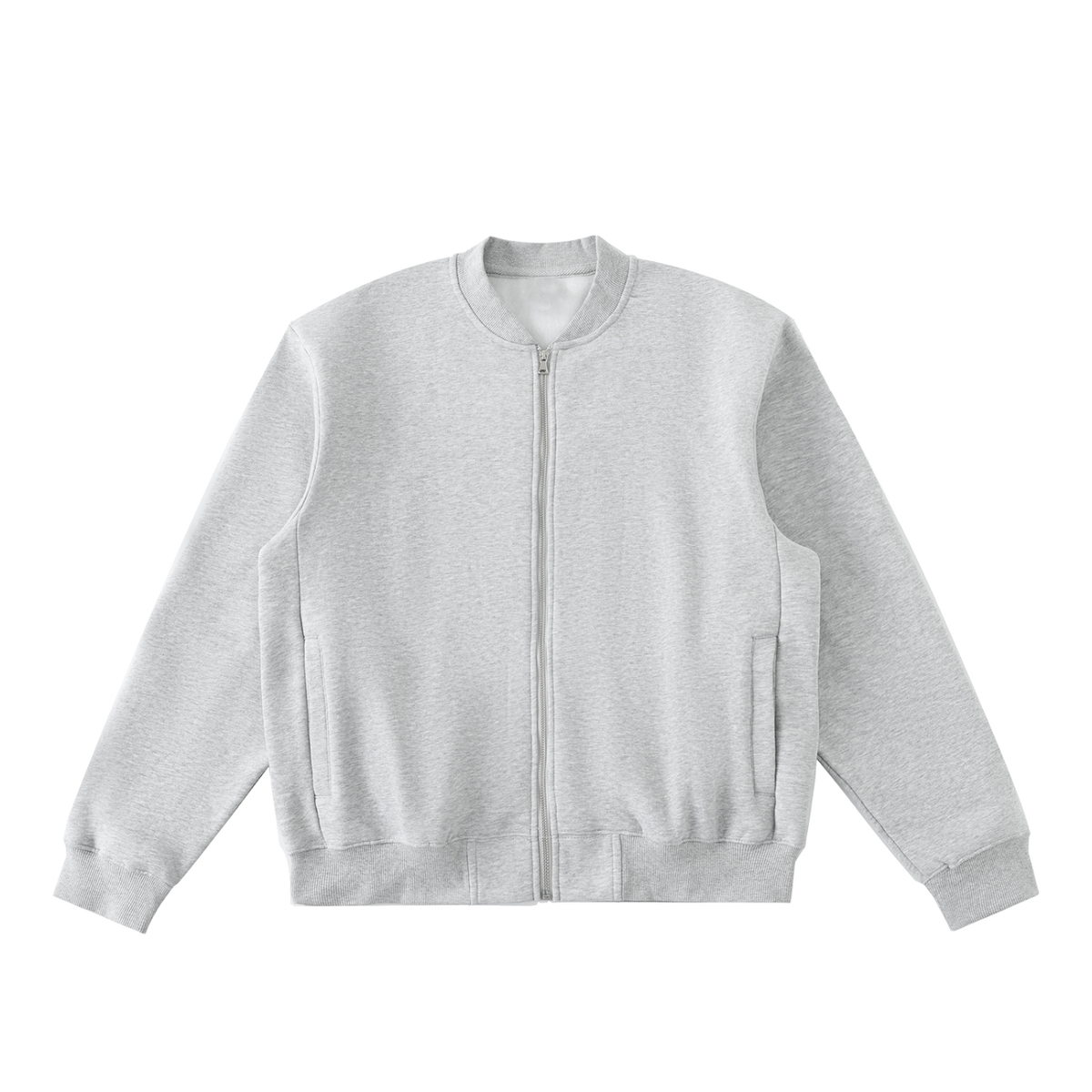 MIROLYUB Nocturne fleece zip varsity jacket in Flower Gray, front view.