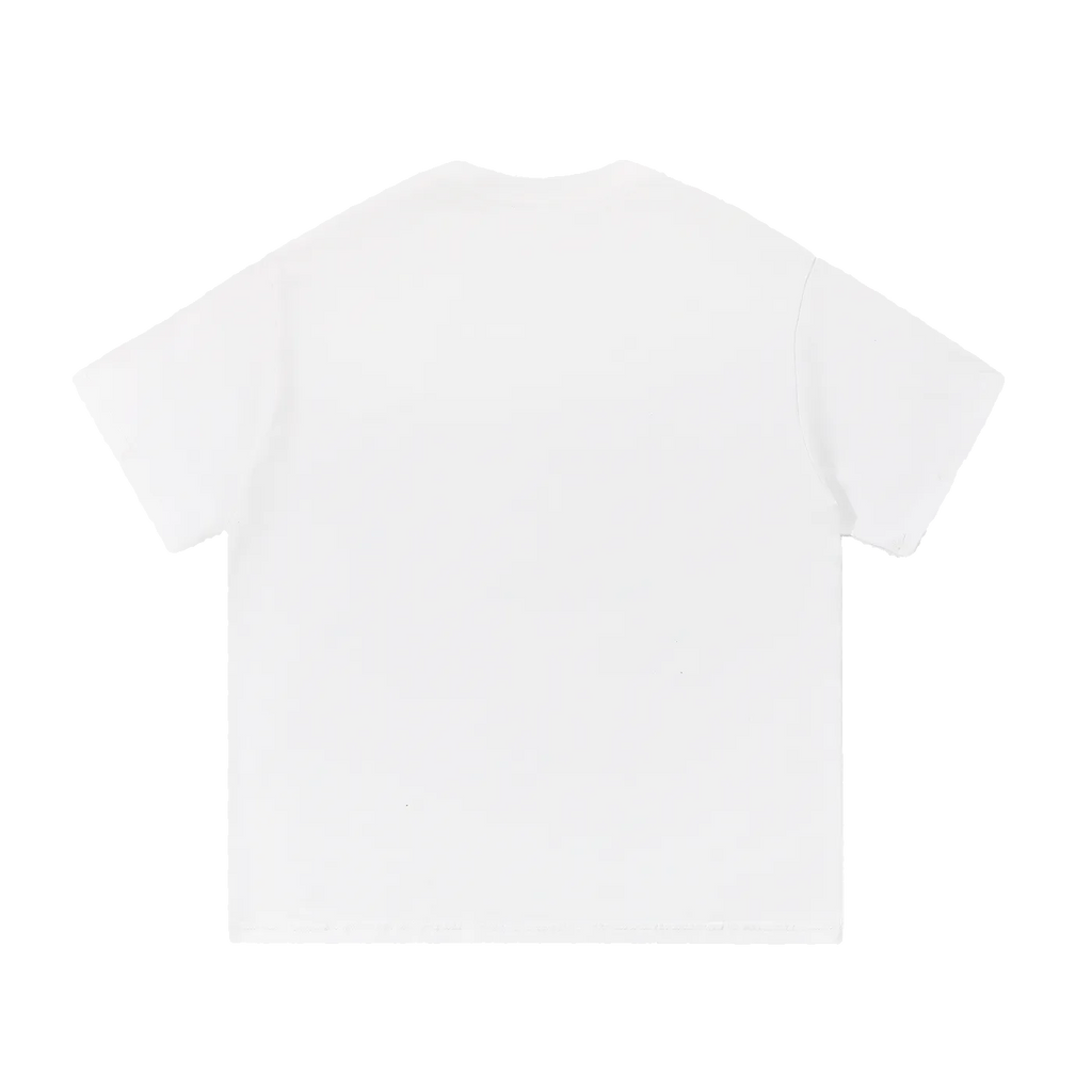 MIROLYUB Still Heavy Cotton Tee in White, back view.