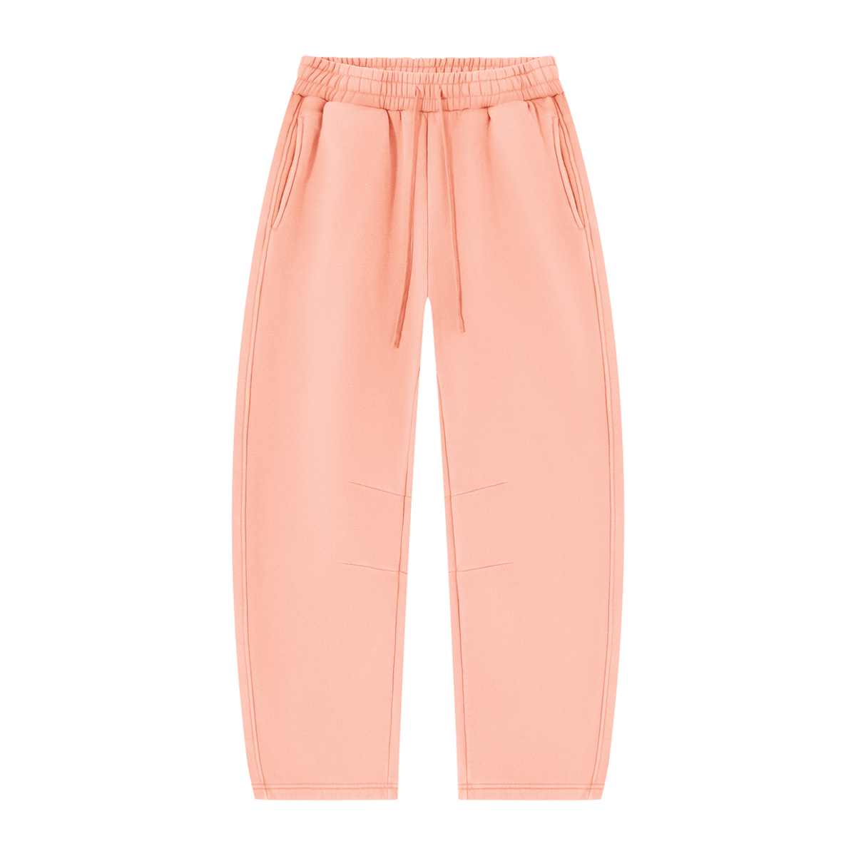 MIROLYUB Arc Vintage-Wash Barrel Fleece Pants in Light Pink, front view.