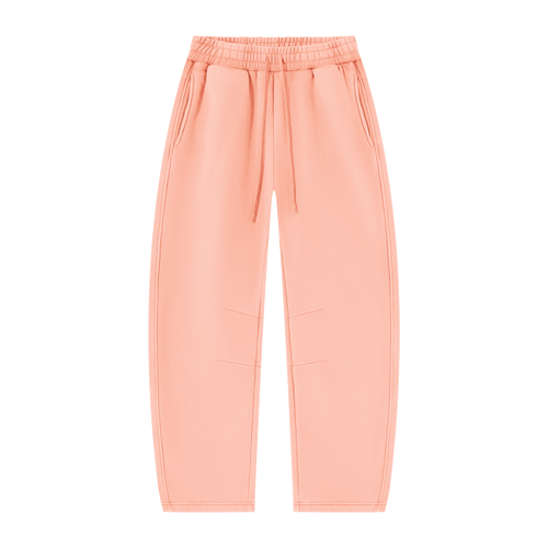 MIROLYUB Arc Vintage-Wash Barrel Fleece Pants in Light Pink, front view.