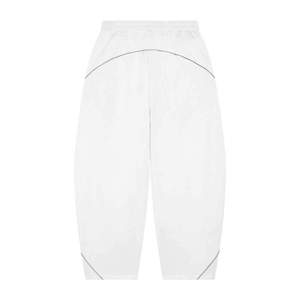 MIROLYUB Trace Piping Barrel Fleece Pants in White, back view.