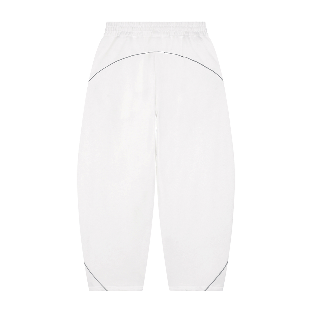 MIROLYUB Trace Piping Barrel Fleece Pants in White, back view.