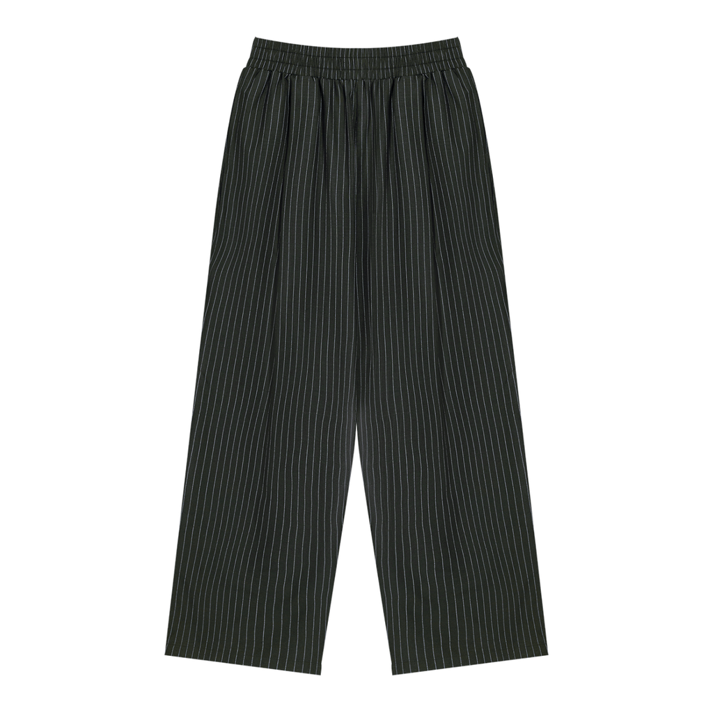 MIROLYUB Axis striped pleated trousers in Black, front view.