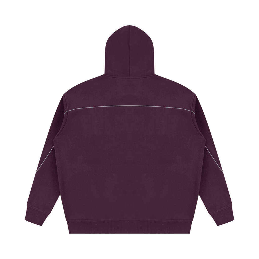 MIROLYUB Hush Oversized Piping Hoodie in Plum Purple, back view.