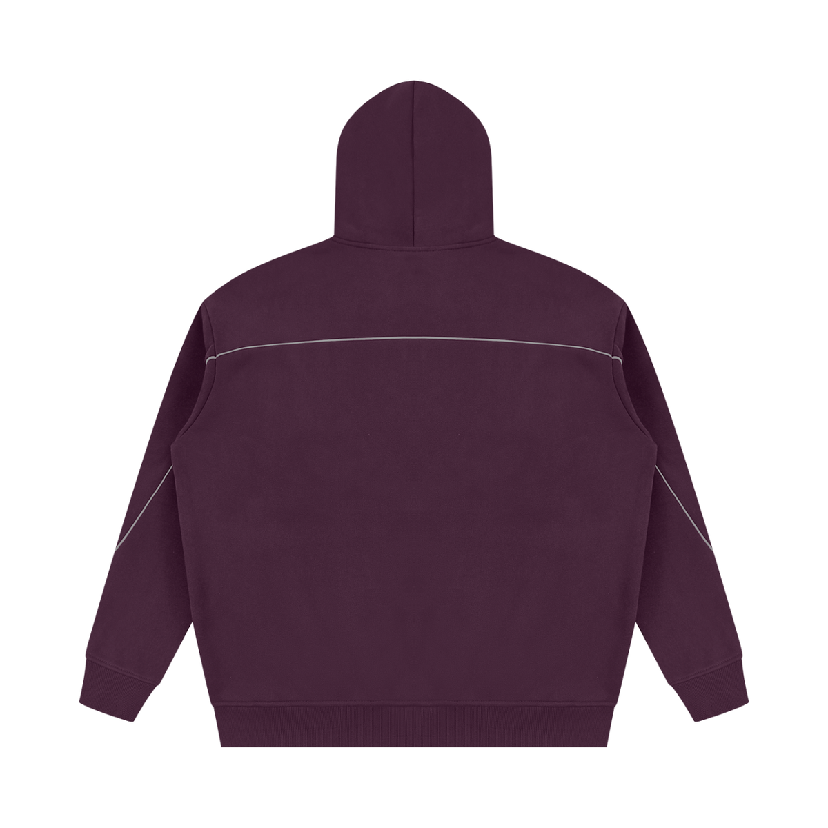 MIROLYUB Hush Oversized Piping Hoodie in Plum Purple, back view.