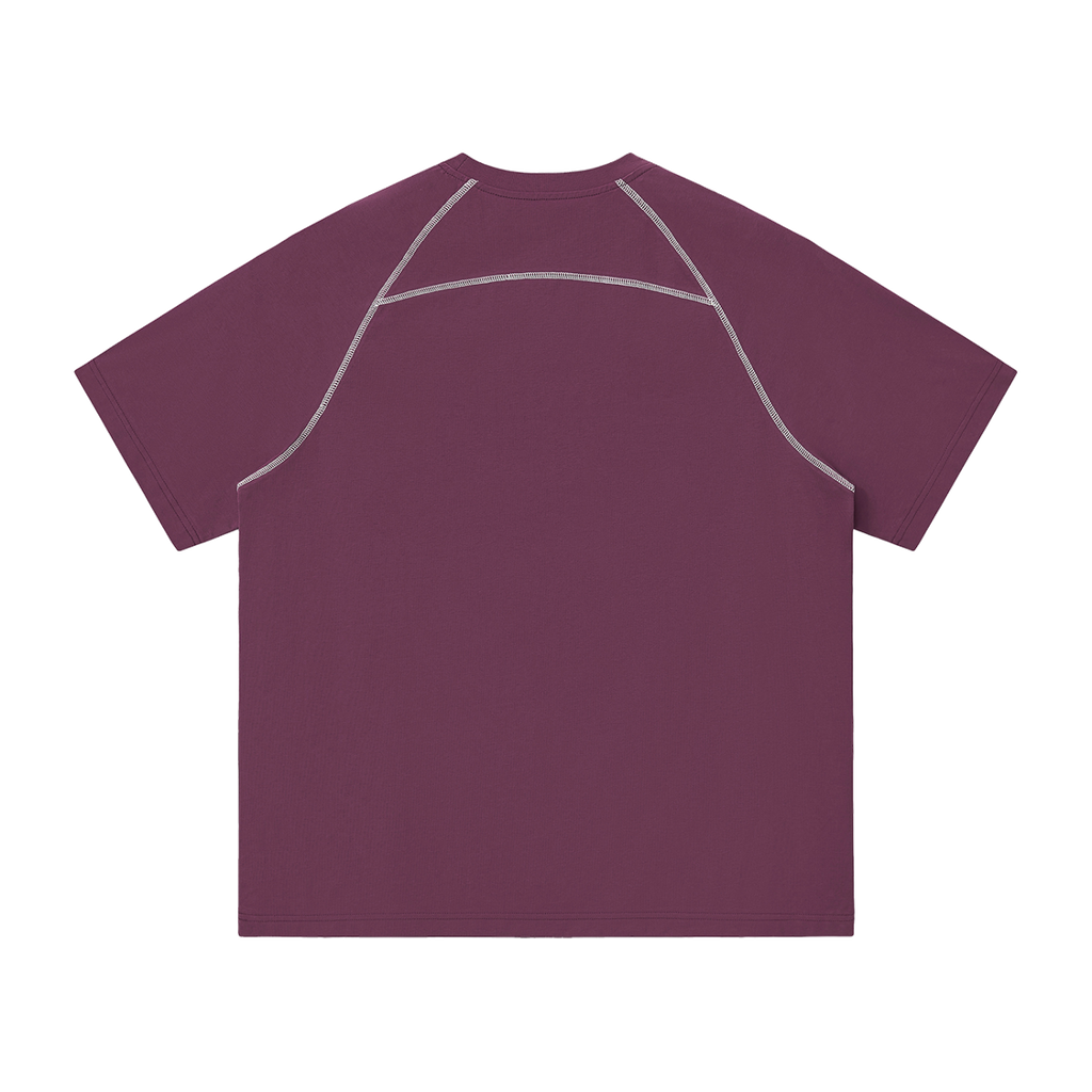 MIROLYUB Offbeat Contrast-Stitch Raglan Tee in Plum Purple, back view.