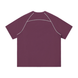 MIROLYUB Offbeat Contrast-Stitch Raglan Tee in Plum Purple, back view.