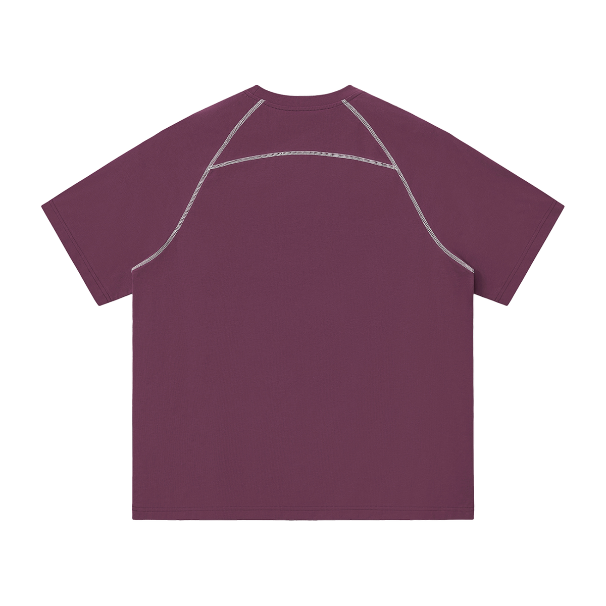 MIROLYUB Offbeat Contrast-Stitch Raglan Tee in Plum Purple, back view.