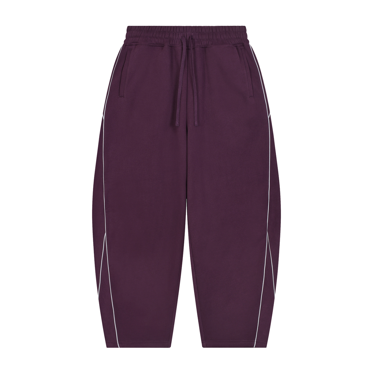 MIROLYUB Trace Piping Barrel Fleece Pants in Plum Purple, front view.