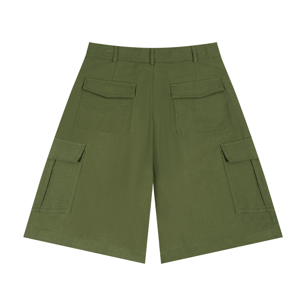 MIROLYUB Outpost woven cargo shorts in Army Green, back view.