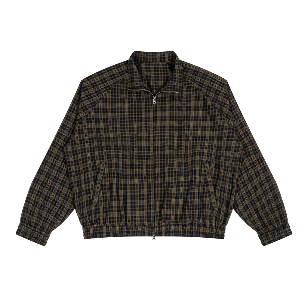 MIROLYUB Grid Plaid Zip Track Jacket in Black Plaid, front view.