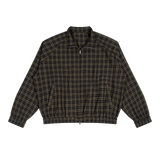 MIROLYUB Grid Plaid Zip Track Jacket in Black Plaid, front view.