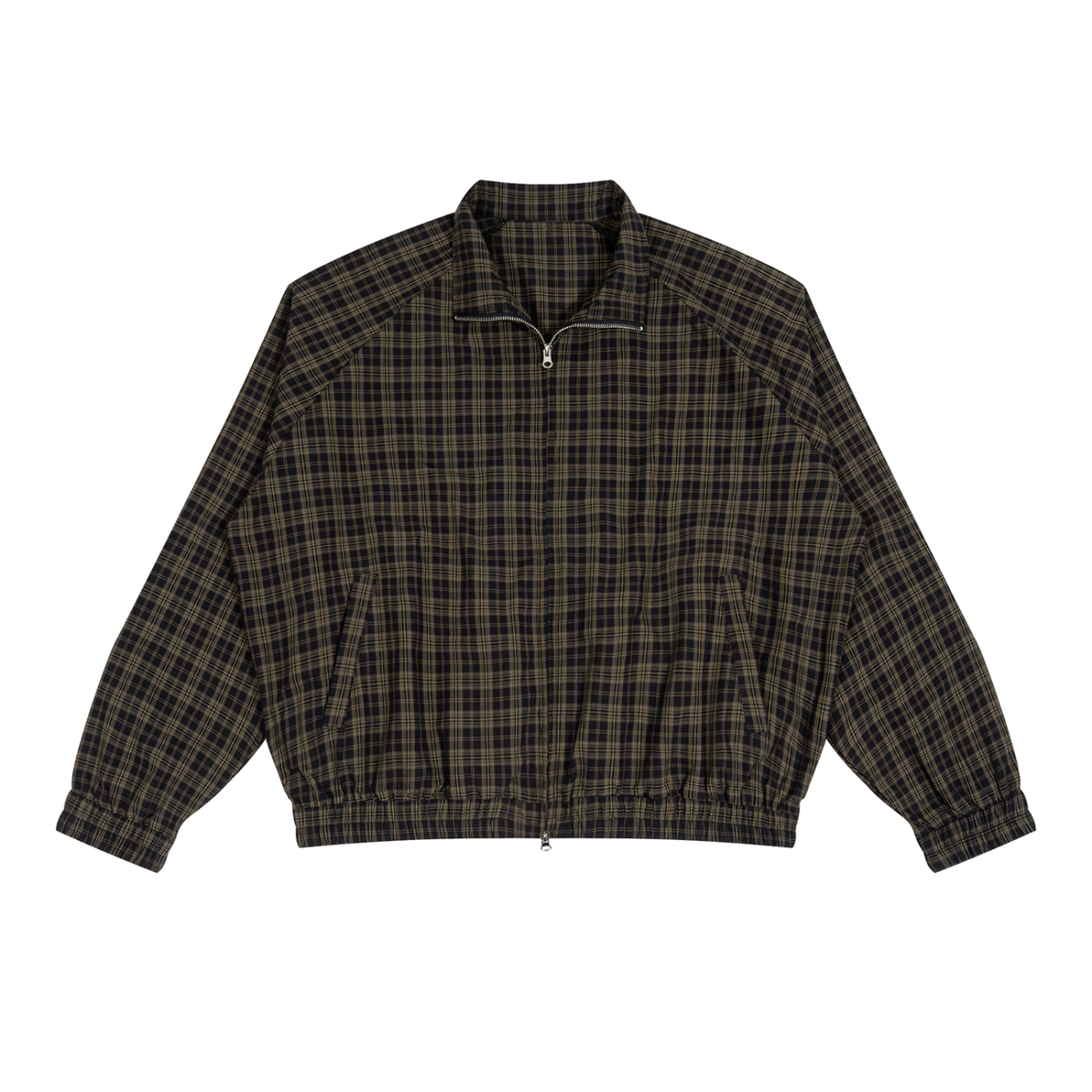 MIROLYUB Grid Plaid Zip Track Jacket in Black Plaid, front view.