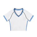 MIROLYUB Contrast Trim V-Neck Crop T-Shirt — White with Blue, front view